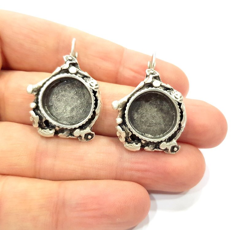 Earring Blank Base Settings Silver Resin Cabochon Base inlay Blank Mountings Antique Silver Plated Brass (15mm blank) 1 pair G15360