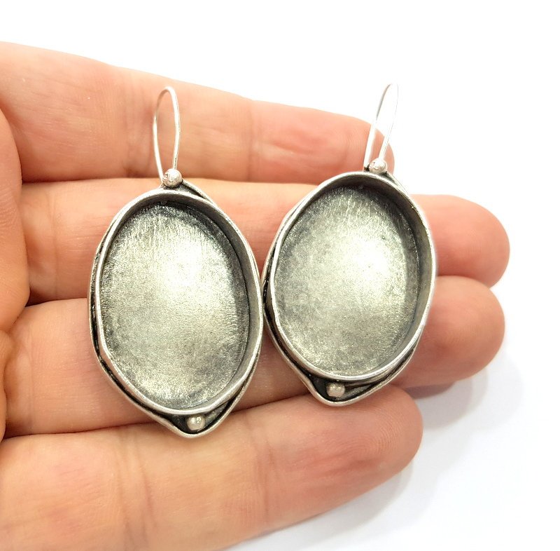 Earring Blank Base Settings Silver Resin Cabochon Base inlay Blank Mountings Antique Silver Plated Brass (30x22mm blank) 1 pair G17054