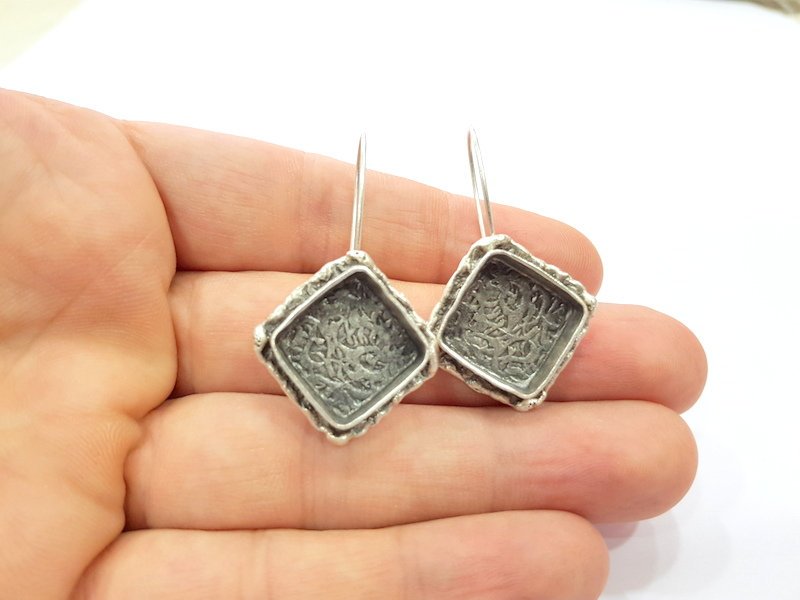 Earring Blank Base Settings Silver Resin Cabochon Base inlay Blank Mountings Antique Silver Plated Brass (15x15mm blank) 1 pair G15274