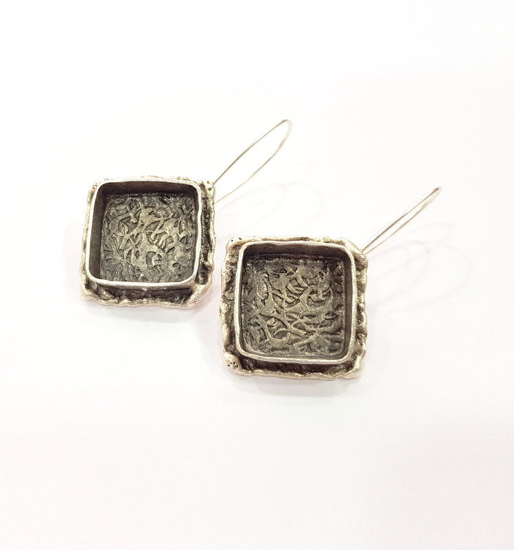 Earring Blank Base Settings Silver Resin Cabochon Base inlay Blank Mountings Antique Silver Plated Brass (15x15mm blank) 1 pair G15274