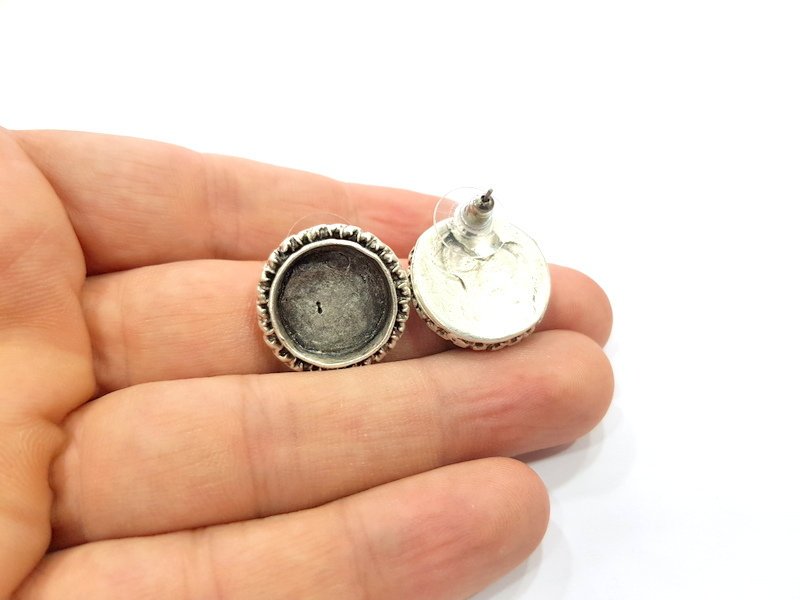 Earring Blank Base Settings Silver Resin Cabochon Base inlay Blank Mountings Antique Silver Plated Brass (16mm blank) 1 pair G15275