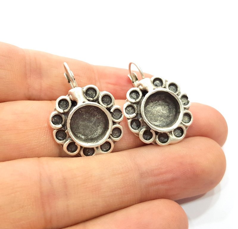 Earring Blank Base Settings Silver Resin Cabochon Base inlay Blank Mountings Antique Silver Plated Brass (10mm blank) 1 pair G15277