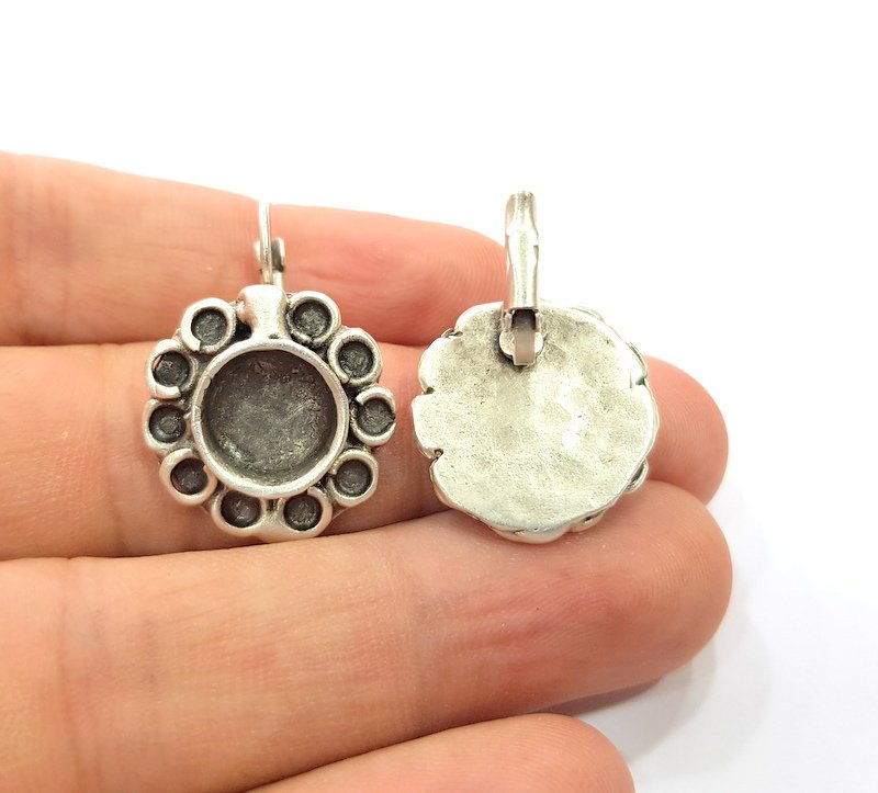 Earring Blank Base Settings Silver Resin Cabochon Base inlay Blank Mountings Antique Silver Plated Brass (10mm blank) 1 pair G15277
