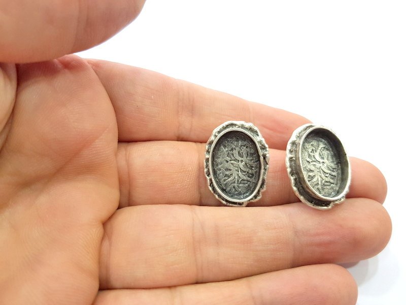 Earring Blank Base Settings Silver Resin Cabochon Base inlay Blank Mountings Antique Silver Plated Brass (18x13mm blank) 1 pair G15279