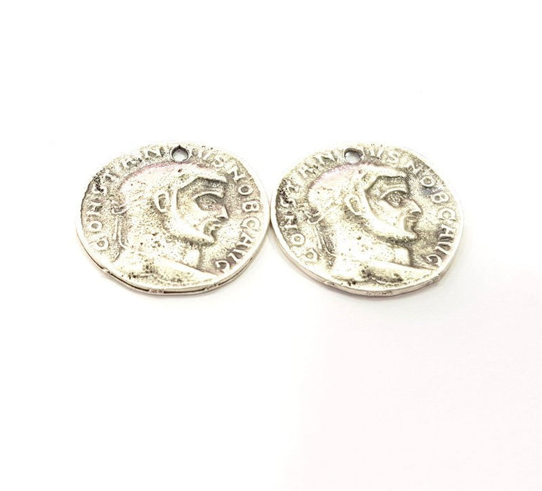 4 Coin Charm Silver Charm Antique Silver Plated Metal (22 mm)  G15281