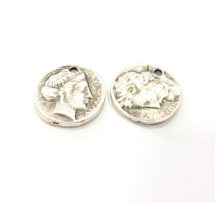 4 Coin Charm Silver Charm Antique Silver Plated Metal (18 mm)  G15295