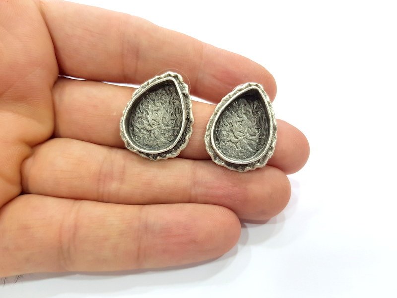 Earring Blank Base Settings Silver Resin Cabochon Base inlay Blank Mountings Antique Silver Plated Brass (20x15mm drop blank) 1 pair G15308