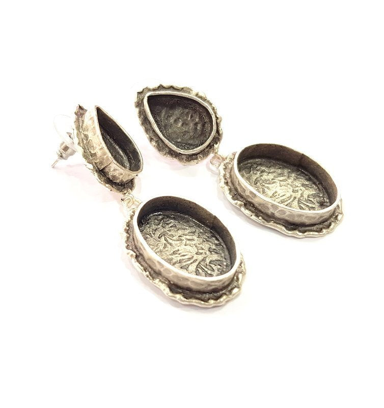 Earring Blank Base Settings Silver Resin Cabochon Base inlay Blank Mountings Antique Silver Plated Brass (20x15+14x10mm blank) 1 pair G15315