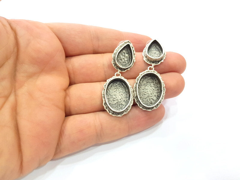 Earring Blank Base Settings Silver Resin Cabochon Base inlay Blank Mountings Antique Silver Plated Brass (20x15+14x10mm blank) 1 pair G15315