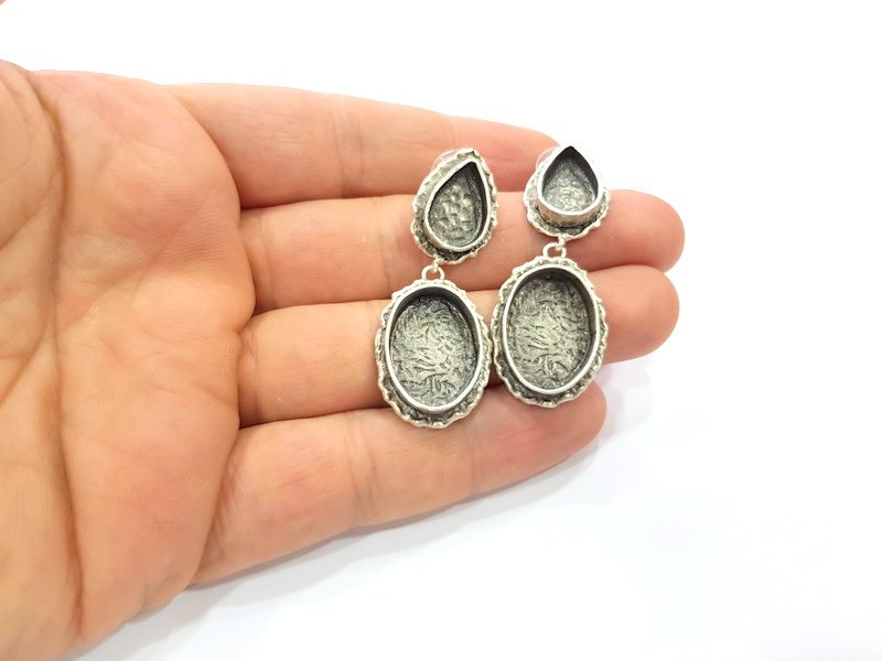 Earring Blank Base Settings Silver Resin Cabochon Base inlay Blank Mountings Antique Silver Plated Brass (20x15+14x10mm blank) 1 pair G15315
