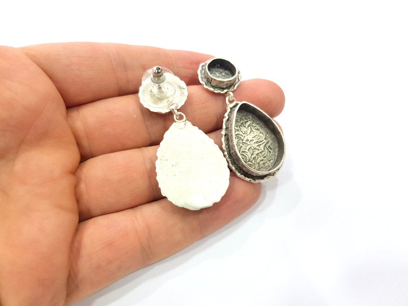 Earring Blank Base Settings Silver Resin Cabochon Base inlay Blank Mountings Antique Silver Plated Brass (25x18mm+10mm blank) 1 pair G15323