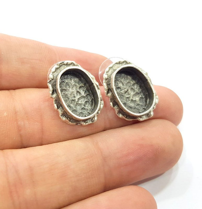Earring Blank Base Settings Silver Resin Cabochon Base inlay Blank Mountings Antique Silver Plated Brass (14x10mm  blank) 1 pair G15326