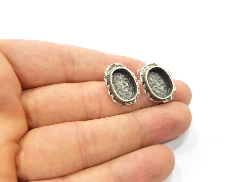 Earring Blank Base Settings Silver Resin Cabochon Base inlay Blank Mountings Antique Silver Plated Brass (14x10mm  blank) 1 pair G15326