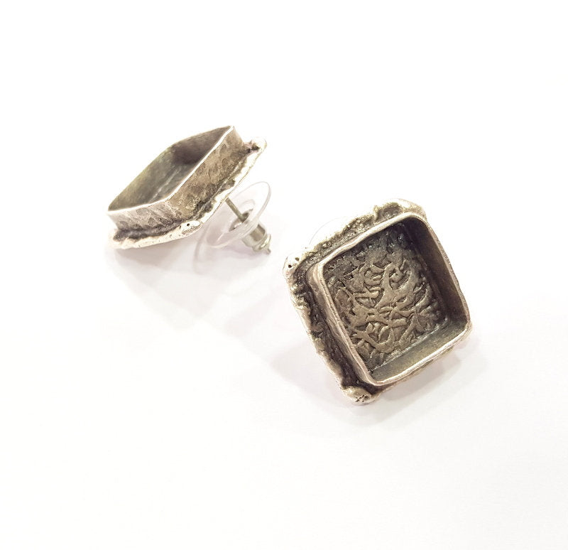 Earring Blank Base Settings Silver Resin Cabochon Base inlay Blank Mountings Antique Silver Plated Brass (14mm  blank) 1 pair G15327