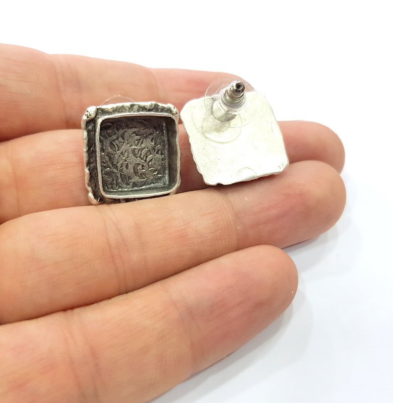 Earring Blank Base Settings Silver Resin Cabochon Base inlay Blank Mountings Antique Silver Plated Brass (14mm  blank) 1 pair G15327