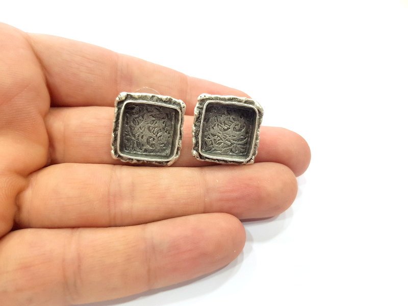 Earring Blank Base Settings Silver Resin Cabochon Base inlay Blank Mountings Antique Silver Plated Brass (14mm  blank) 1 pair G15327