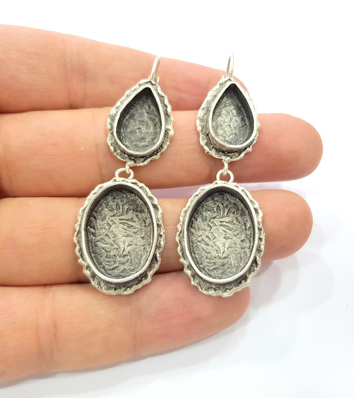 Earring Blank Base Settings Silver Resin Cabochon Base inlay Blank Mountings Antique Silver Plated Brass (20x15+14x10mm blank) 1 pair G15328