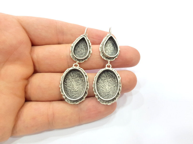 Earring Blank Base Settings Silver Resin Cabochon Base inlay Blank Mountings Antique Silver Plated Brass (20x15+14x10mm blank) 1 pair G15328
