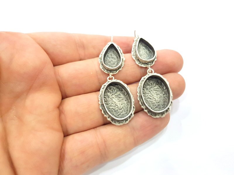 Earring Blank Base Settings Silver Resin Cabochon Base inlay Blank Mountings Antique Silver Plated Brass (20x15+14x10mm blank) 1 pair G15328