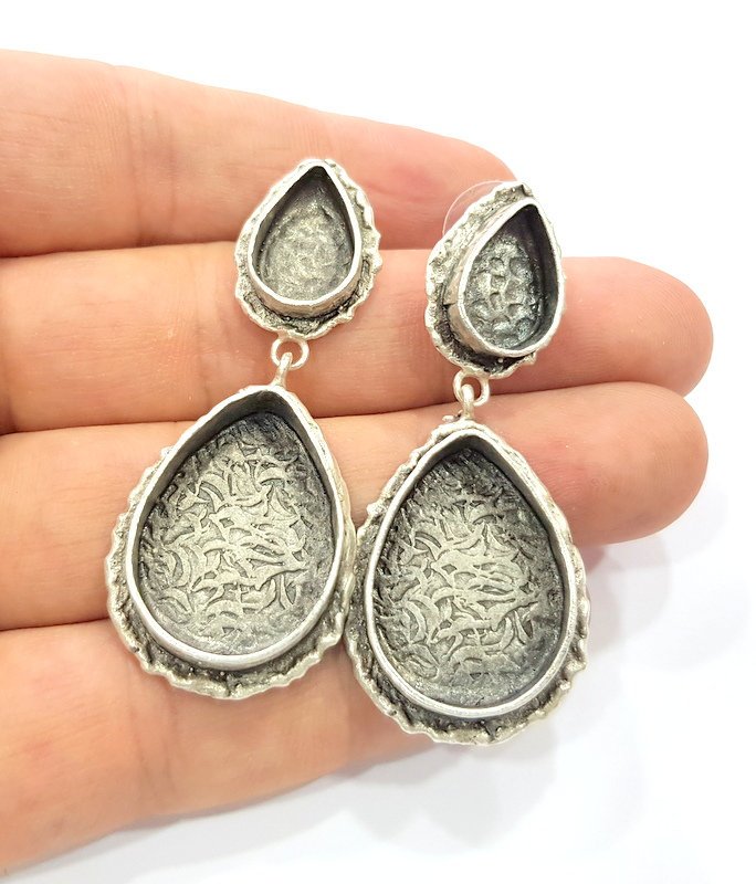 Earring Blank Base Settings Silver Resin Cabochon Base inlay Blank Mountings Antique Silver Plated Brass (25x18+14x10mm blank) 1 pair G15329