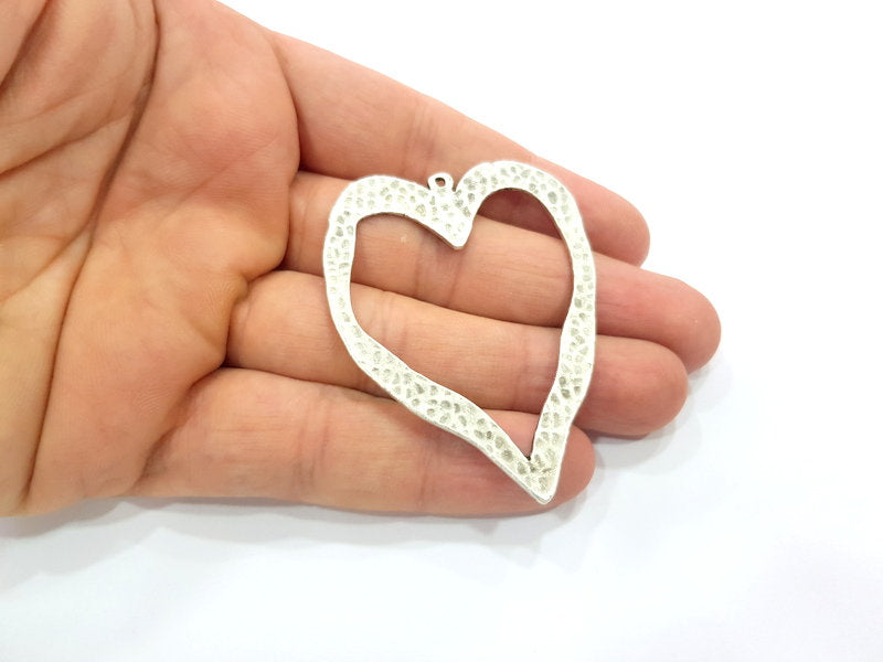 Hammered Heart Pendant Silver Pendant Antique Silver Plated Metal (60x47mm) G15347