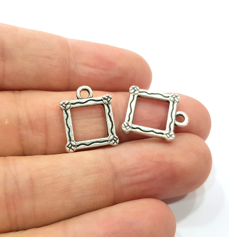 10 Square Charm Silver Charm Antique Silver Plated Metal (14 mm)  G10914