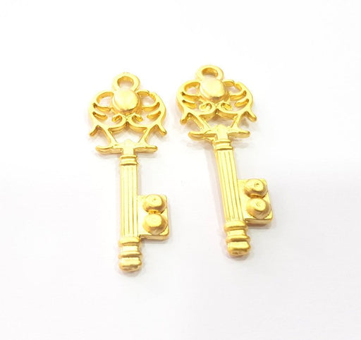 2 Key Charm Gold Charms Gold Plated Metal (46x17mm)  G15367