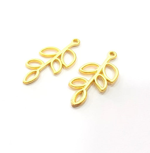 4 Leafy Branch Charm Gold Charms Gold Plated Metal (32x15mm)  G15374