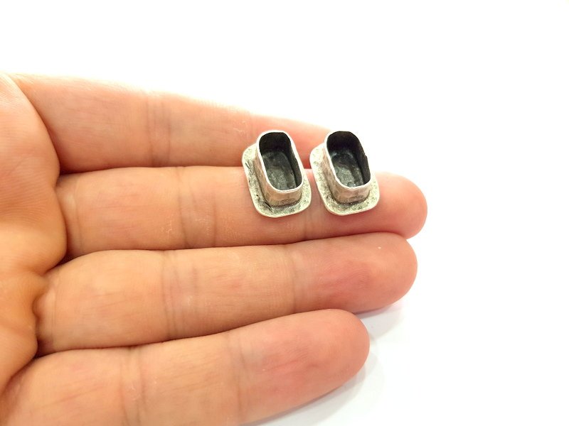 Earring Blank Base Settings Silver Resin Blank Cabochon Base inlay Blank Mountings Antique Silver Plated Brass (14x7mm blank) 1 Set  G14447