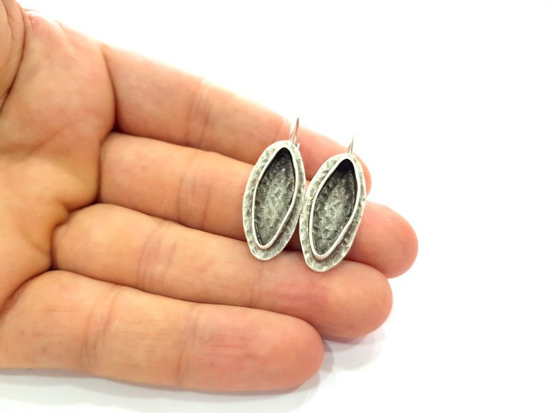 Earring Blank Base Settings Silver Resin Blank Cabochon Base inlay Blank Mountings Antique Silver Plated Brass (22x8mm blank) 1 Set  G14449