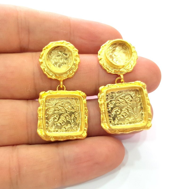 Earring Blank Base Settings Gold Resin Blank Cabochon Bases inlay Blank Mountings Gold Plated Brass (10+15mm blank) 1 Set  G14455