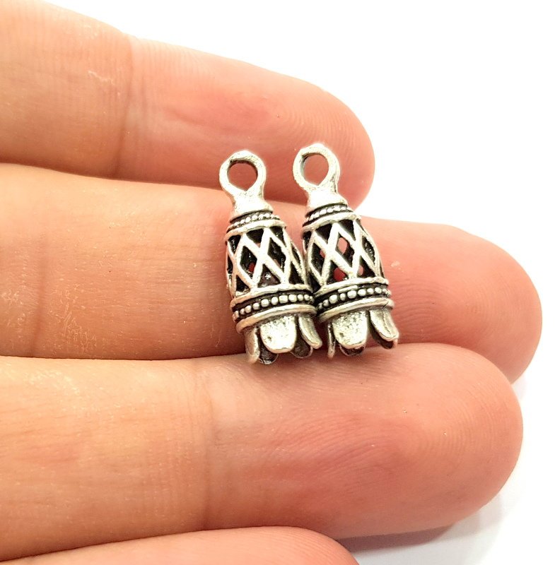 2 Flower Charm Silver Charms Antique Silver Plated Brass (18x7mm) G14461