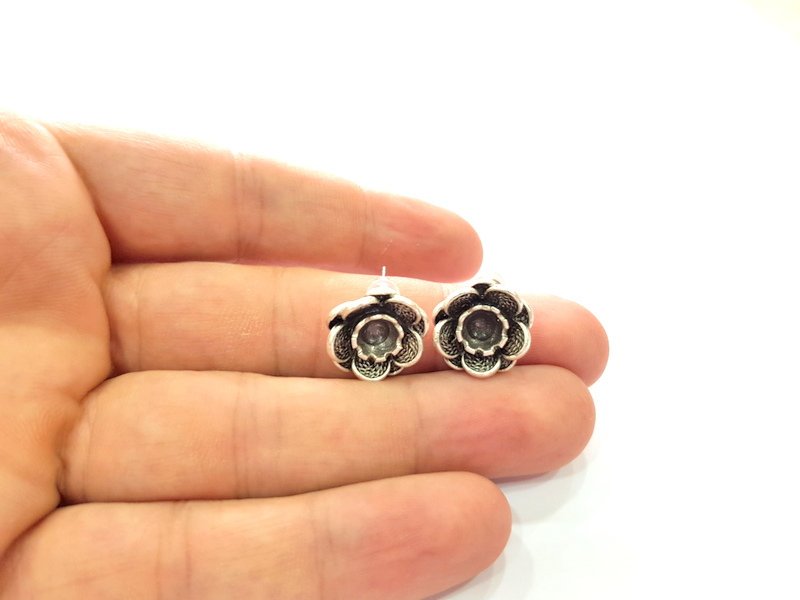 Earring Blank Base Settings Silver Resin Blank Cabochon Base inlay Blank Mountings Antique Silver Plated Brass (6mm blank) 1 Set  G14481