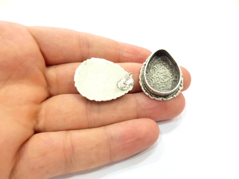 Earring Blank Base Settings Silver Resin Blank Cabochon Base inlay Blank Mountings Antique Silver Plated Brass (25x18mm blank) 1 Set  G14510