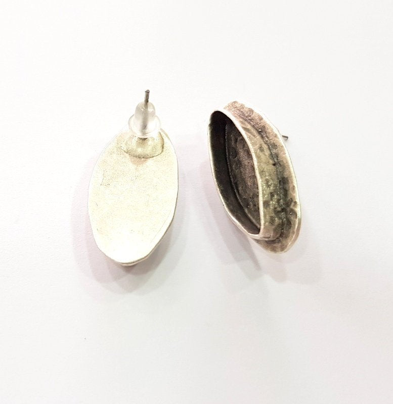 Earring Blank Base Settings Silver Resin Blank Cabochon Base inlay Blank Mountings Antique Silver Plated Brass (22x8mm blank) 1 Set  G14536