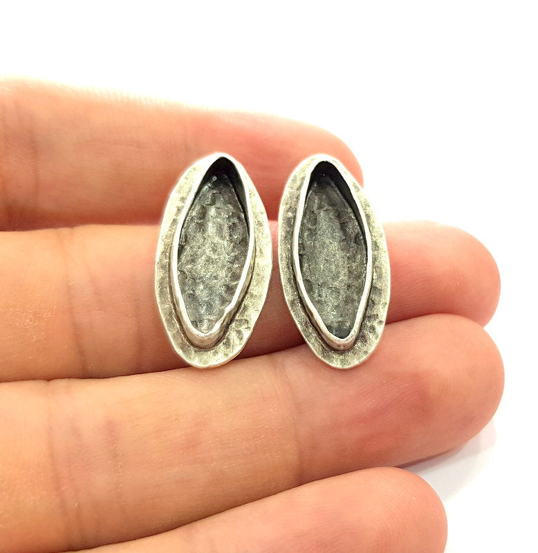 Earring Blank Base Settings Silver Resin Blank Cabochon Base inlay Blank Mountings Antique Silver Plated Brass (22x8mm blank) 1 Set  G14536