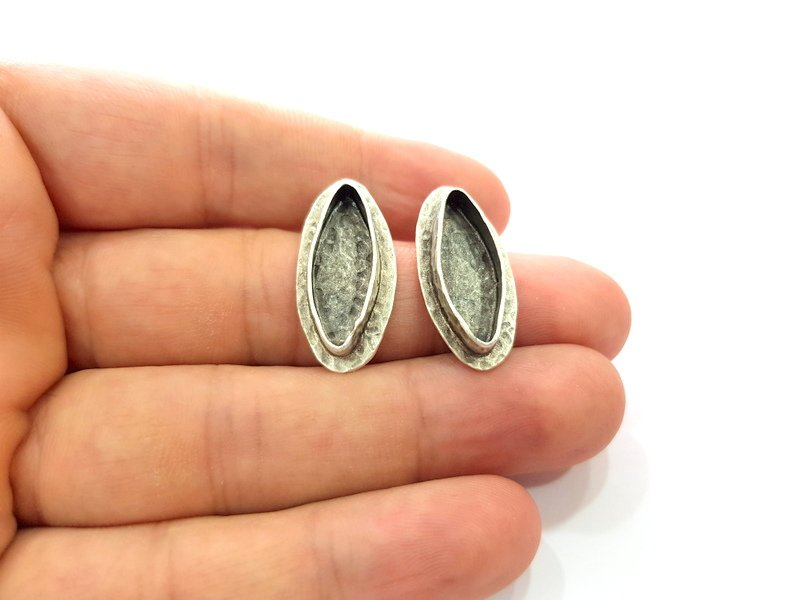 Earring Blank Base Settings Silver Resin Blank Cabochon Base inlay Blank Mountings Antique Silver Plated Brass (22x8mm blank) 1 Set  G14536