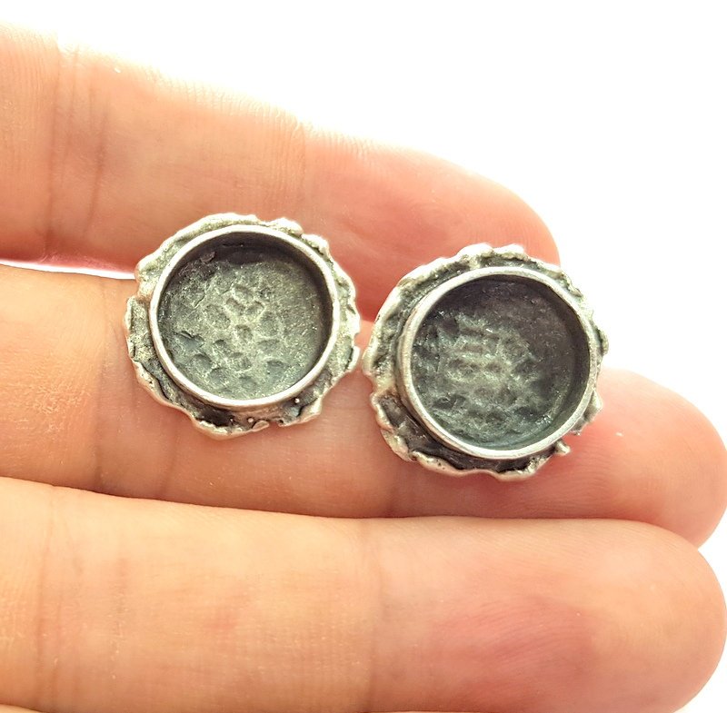 Earring Blank Base Settings Silver Resin Blank Cabochon Base inlay Blank Mountings Antique Silver Plated Brass (14mm blank) 1 Set  G14551