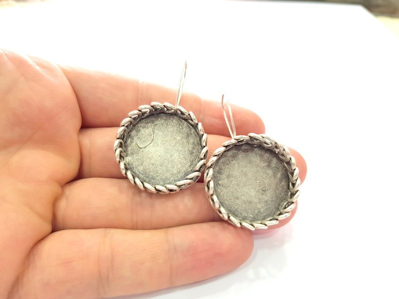 Earring Blank Base Settings Silver Resin Blank Cabochon Base inlay Blank Mountings Antique Silver Plated Brass (25mm blank) 1 Set  G14576