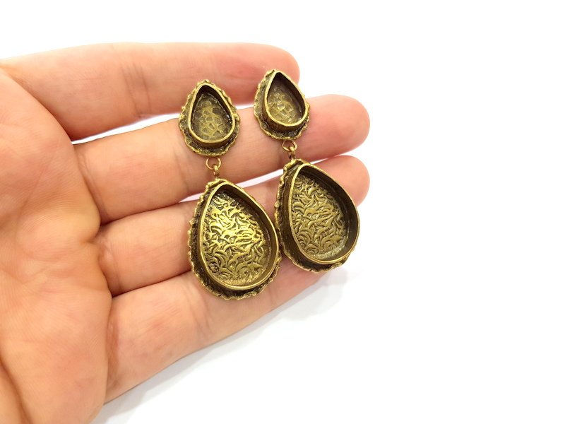 Earring Blank Backs Antique Bronze Resin Base inlay Cabochon Mountings Antique Bronze Plated Brass (25x18+14x10mm blank)  1 pair G15441