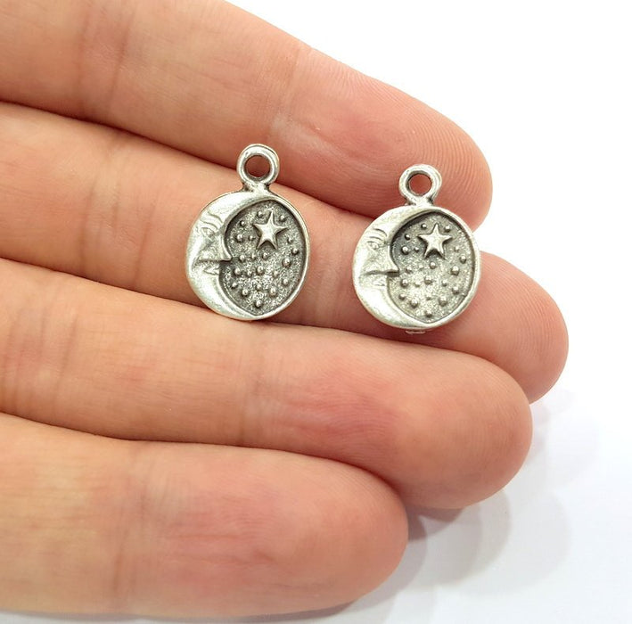 10 Moon and Stars Charm Silver Charm Antique Silver Plated Metal (14 mm)  G15442