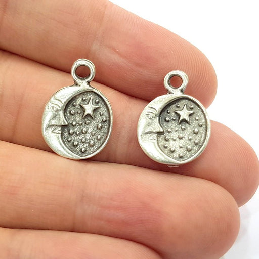 10 Moon and Stars Charm Silver Charm Antique Silver Plated Metal (14 mm)  G15442