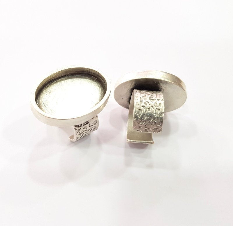 Silver Ring Blank Setting Cabochon Base inlay Ring Backs Mounting Adjustable Ring Base Bezel (25x18 mm oval ) Antique Silver Plated G16361
