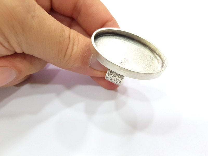 Silver Ring Blank Setting Cabochon Base inlay Ring Backs Mounting Adjustable Ring Base Bezel (40x30mm blank) Antique Silver Plated G15459