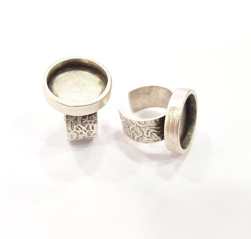 Silver Ring Blank Setting Cabochon Base inlay Ring Backs Mounting Adjustable Ring Base Bezel (12mm blank) Antique Silver Plated G15465
