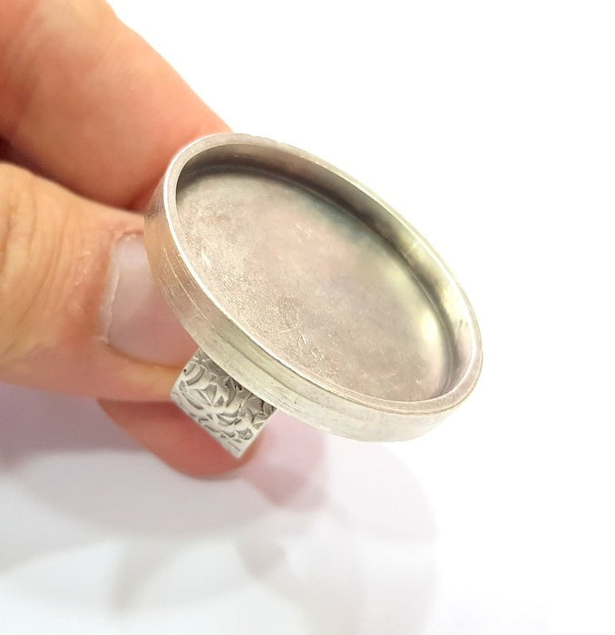 Silver Ring Blank Setting Cabochon Base inlay Ring Backs Mounting Adjustable Ring Base Bezel (35mm blank) Antique Silver Plated G15464