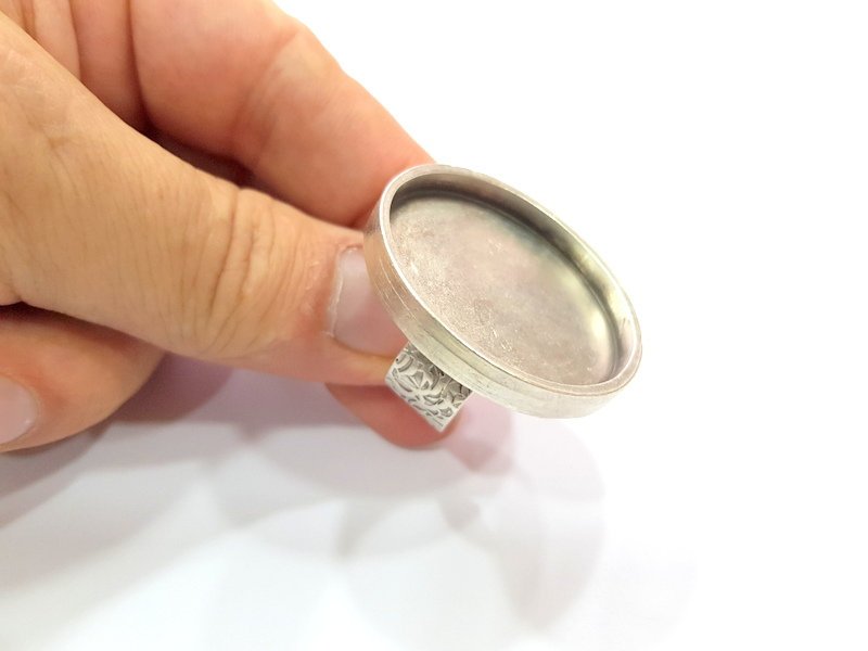 Silver Ring Blank Setting Cabochon Base inlay Ring Backs Mounting Adjustable Ring Base Bezel (35mm blank) Antique Silver Plated G15464