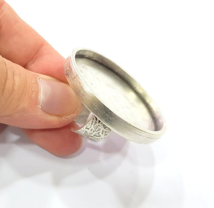 Silver Ring Blank Setting Cabochon Base inlay Ring Backs Mounting Adjustable Ring Base Bezel (40mm blank) Antique Silver Plated G15469