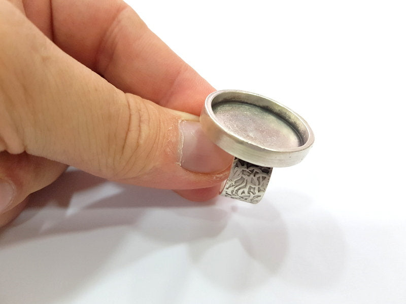 Silver Ring Blank Setting Cabochon Base inlay Ring Backs Mounting Adjustable Ring Base Bezel (25mm blank) Antique Silver Plated G15475