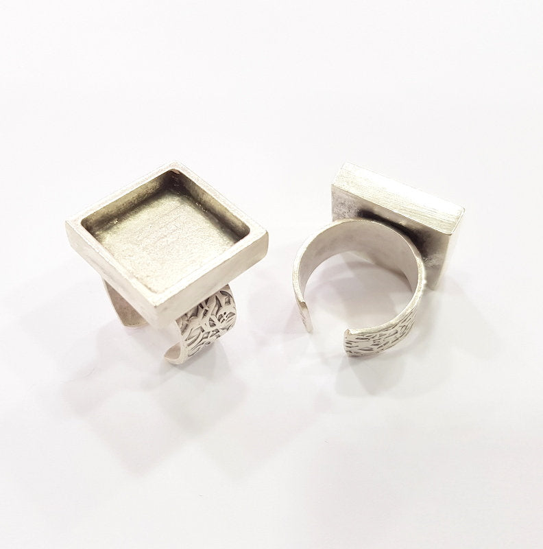 Silver Ring Blank Setting Cabochon Base inlay Ring Backs Mounting Adjustable Ring Base Bezel (16x16mm blank) Antique Silver Plated G15482